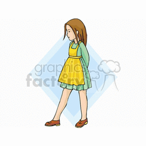 A girl standing in a green dress with a yellow apron