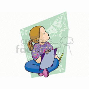 A girl sitting cross legged drawing