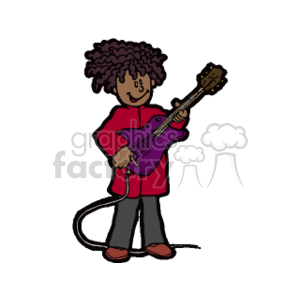 This clipart image depicts a cartoon of a young child with curly hair, holding a purple guitar. The child is wearing a red shirt and brown pants, with what appears to be a cable connected to the guitar, indicating it may be an electric guitar. The child is smiling and seems to be enjoying playing the instrument.