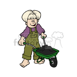 The image depicts a cartoon of a child with blond hair, dressed in green overalls and a purple shirt, holding onto the handles of a green wheelbarrow filled with what appears to be soil or dirt. The child is barefoot and is shown standing while gazing forward with a happy facial expression.