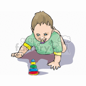A toddler crawling towards its toy with a pacifier in its mouth