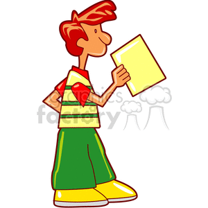 A red haired boy holding a paper