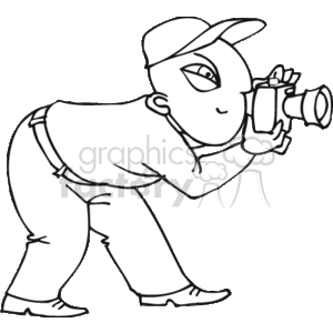 The clipart image depicts a cartoon-style person engaged in photography. The individual is shown in a crouching stance, holding a camera up to their face, ready to take a photo. This person is wearing a cap and casual clothing.