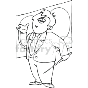 This clipart image features a simplified black-and-white drawing of a teacher or professor. The character is standing in front of a chalkboard, holding a pointer, and making a thumbs up gesture with the other hand.