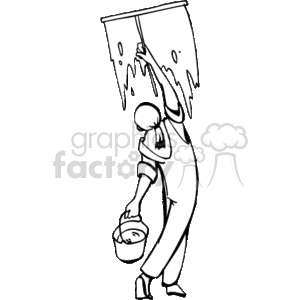 The clipart image depicts a window washer at work. The individual is cleaning a window with a squeegee and is holding a bucket, likely containing cleaning solution.