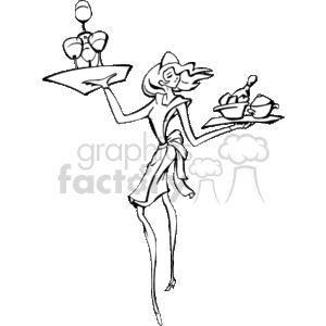 The clipart image depicts a stylized representation of a waitress or server. She appears to be balancing two trays: one held high with what looks like drinks, possibly wine glasses, and the other lower tray contains food items that could be plates of dessert or appetizers. The figure is drawn with exaggerated features and a dynamic pose that implies grace and movement, often associated with the agility required in waiting tables.