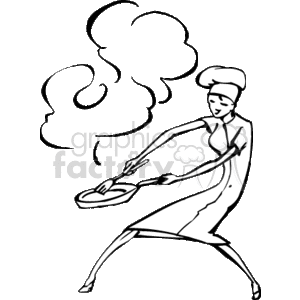 Cook holding a burning frying pan
