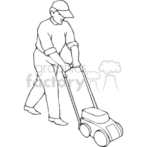 The clipart image depicts a person engaged in the occupation of lawn care or landscaping. The individual is pushing a lawn mower, which is a common tool used in the maintenance of grass areas. The person is wearing typical work attire for such a task, including a cap for sun protection.