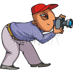 This clipart image depicts a cartoon of a photographer in the act of taking a photo. The character is shown bent over, looking through the camera lens, wearing a red cap, a blue long-sleeve shirt, gray pants with a belt, and black shoes.