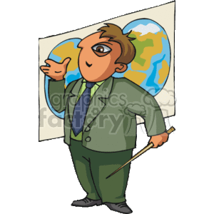 This clipart image features a cartoon of a teacher or professor standing before a map of the Earth, which seems to be laid out on a pull-down classroom map. The character is portrayed mid-gesture, possibly explaining a geographical concept, holding a pointer in one hand, which suggests an educational setting.