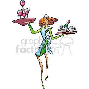 This clipart image portrays a stylized depiction of a waitress at work. She is balancing a tray on one hand, which holds what appears to be drinks glasses, and in her other hand, she is carrying a tray with a bottle. She is dressed in a uniform that suggests she is a server at a restaurant or diner.