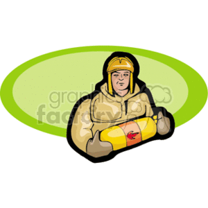 The clipart image features a firefighter wearing full gear including a helmet, jacket, and gloves. The firefighter is depicted with a serious expression, possibly ready for action or in the midst of a response. The background consists of an abstract green oval shape.