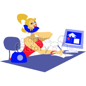 This clipart image depicts a cartoon-style representation of a female real estate agent or realtor. She is seated at a desk with a computer monitor displaying a house icon, suggesting real estate activity. The realtor is multitasking, with one hand holding a telephone to her ear and the other hand poised with a pen above a document, ready to write. There's a chair nearby and a bag on the floor, which accents the business setting.