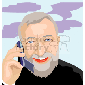 The image is a clipart depicting a senior man with gray hair and a beard, smiling as he talks on a cellphone. The background is simple, with a few abstract purple cloud-like shapes. 