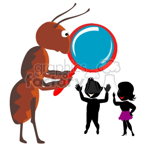 Giant ant looking at small humans through a magnifying glass