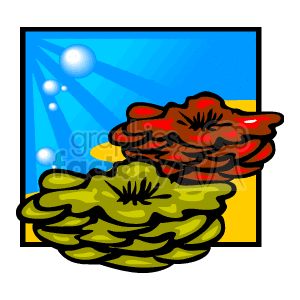 The clipart image is a cartoon-style representations of two coral formations, one red and one green, under the ocean. Sunlight is filtering through the water, indicated by a few rays and light bubbles.