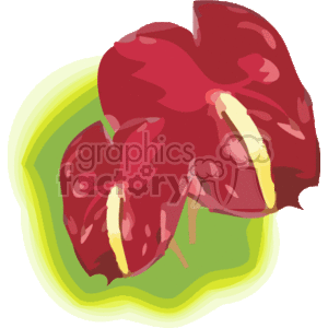 This clipart image depicts two red Hawaiian tropical flowers with a stylized appearance and yellow highlights. The flowers are depicted against a shaded two-tone leaf background, combining colors of green and yellow.