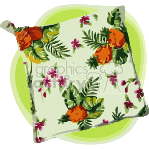 The image is a clipart of a patterned fabric or paper with Hawaiian tropical flowers. It includes representations of orange pineapples, pink and purple flowers that could be reminiscent of plumerias or hibiscus, and various green tropical leaves. The background appears to be light green, suggesting a summery or tropical theme.