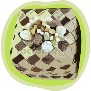 This clipart image features a woven basket filled with flowers and leaves, which gives it a tropical or Hawaiian feel. It appears to be a stylized representation rather than a detailed realistic one.