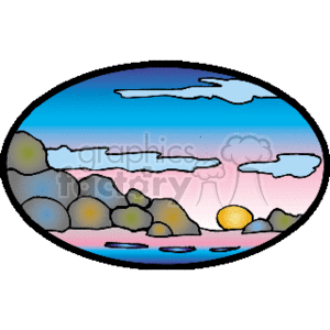 The clipart image features a stylized landscape scene within an oval frame. It depicts a sunset or dusk setting with a gradient sky transitioning from blue to pink hues, suggestive of evening light. There are fluffy white clouds scattered across the sky. In the foreground, there's a rocky land formation with variously sized stones or boulders, some of which appear to have yellow highlights indicating a light source like the setting sun. There's also a body of water reflecting the warm glow of the setting sun, with the sun itself depicted as a small yellow circle near the horizon line.