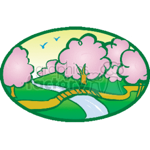 The clipart image depicts a stylized, simplified representation of a park setting. It includes pink trees that are likely to represent cherry blossoms or similar flowering trees, a footbridge crossing over a blue stream or river, green grass or land, and a few small birds flying in a light blue sky. The scene is encased within an elliptical border.