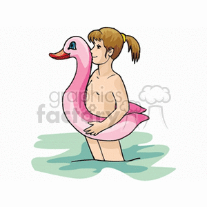 Child swimming with an innertube shaped like a duck