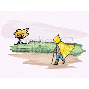 Boy walking with a rain coat on
