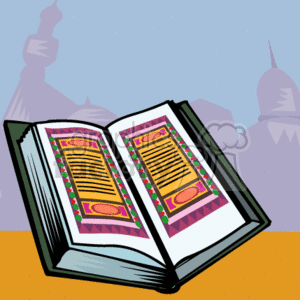 The image features an open book with ornate pages that could represent a religious text such as a bible or a scripture. The background suggests a religious setting with the silhouette of a mosque or a building with domes, perhaps indicating an interfaith context or a non-Christian religious environment.