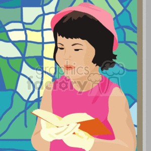 This image depicts a stylized cartoon of a young girl wearing a pink sleeveless top and a pink hat. She seems to be engaged in reading a small orange book, which could be interpreted as a Bible or a prayer book, given the keywords provided. The girl is set against a background that resembles a colorful stained glass window, commonly found in religious buildings such as churches.