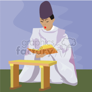 This clipart image shows a religious figure wearing a white robe with a purple head covering, sitting on the ground, seemingly in prayer or contemplation, while reading a yellow book resting on a small brown table. The background suggests an outdoor setting with a simple depiction of the sky and grass.
