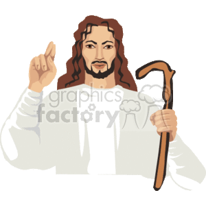 This clipart image depicts a figure that appears to be a representation of Jesus, characterized by long hair, a beard, and a white robe. The figure is raising one hand in a gesture that could be interpreted as teaching or preaching, and holds a wooden staff in the other hand.