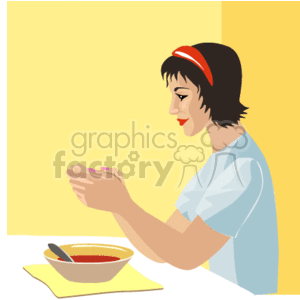 The clipart image depicts a woman with a bowl of soup in front of her. She has her hands together as though she is praying or expressing gratitude before a meal. Her eyes are closed, and her head is slightly bowed in a contemplative or reverent gesture. She's wearing a casual, short-sleeved shirt and has a headband in her hair.