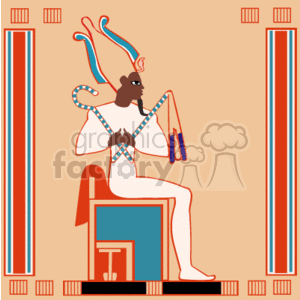 This clipart image depicts an ancient Egyptian god, which is characterized by a human body and a head of an animal, which appears to be a ram. The figure is adorned with traditional Egyptian headgear with serpentine elements. The deity holds a crook and flail, symbols of authority in ancient Egypt, and sits on a throne decorated with a square motif. The background includes stylized pillars or borders with a design that suggests a connection to Egyptian art and architecture.