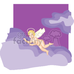 The image is a clipart illustration of an angel hovering or flying among clouds. The angel has a halo above its head, wings on its back, and appears peaceful or contemplative. The background features stylized clouds and a purple sky, which might suggest a heavenly or ethereal setting.