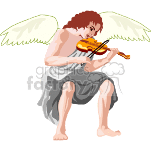 This clipart image depicts an angel playing a violin. The angel appears to be seated, with large white wings, donning a draped grey cloth around its lower body. The angel's hair is red, and it seems to be intently focused on playing the instrument.