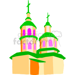 The clipart image depicts a stylized representation of a church building. It features two towers with domes and crosses on top, indicating its religious significance. The building has a simplified and colorful design, with hues of orange, green, and pink.