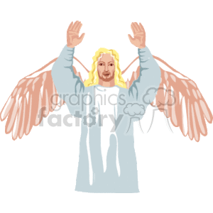 The clipart image depicts a figure that is typically associated with an angel in various religious contexts. This angel has blond hair and is wearing a long white robe. The angel's arms are raised upwards, which may signify a gesture of prayer, praise, or blessing. The figure has large feathered wings that are spread out behind it.