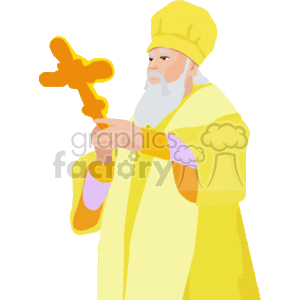 This clipart image portrays a religious figure dressed in liturgical attire, indicative of a Christian clergy role, such as a priest or a bishop. The figure is shown holding a botonee cross, which has trefoil-shaped ends that are associated with Christian symbolism. The person appears to be in a praying or blessing posture, signifying a moment of worship or spiritual reflection within the Christian faith.