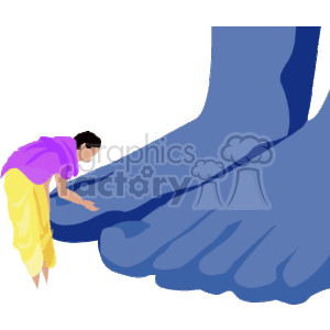 The image depicts an individual wearing a purple and yellow traditional garment bowing and touching the foot of a large blue statue, which is representative of a common act of reverence and prayer in certain religious practices.