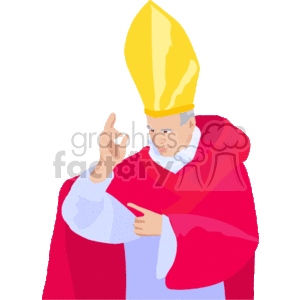 The clipart image depicts a religious figure, likely a bishop or priest, dressed in ecclesiastical attire. He wears a miter on his head and is clothed in a red and white vestment, which might indicate his hierarchical status within the church. The gesture he is making with his hand suggests that he is giving a blessing or is in the act of prayer.