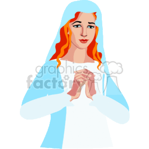 The image depicts a stylized portrayal of a woman, traditionally recognized as the Virgin Mary, due to her blue and white clothing which are colors historically associated with her. She has a peaceful expression with her eyes gently closed, and her hands are clasped together in a gesture of prayer. This type of imagery is common in Christian iconography, symbolizing piety and devotion, particularly in relation to the Nativity story in Christianity.