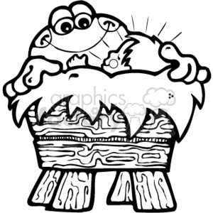 The clipart image shows a smiling frog sitting in a rustic, country-style crib. The crib is adorned with patterns implying it's made of wood, and there are hearts and stars on the blanket inside the crib. The frog is depicted in a cartoonish style with large eyes, a wide smile, and appears playful. The picture is simple, with bold outlines typical of clipart, making it suitable for coloring activities or thematic decorations.