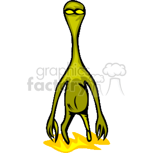 The clipart image depicts a cartoonish alien figure. The alien has a large, elongated head with big, oval eyes, and a small body. It has two thin arms with three fingers on each hand and two legs without any detailed feet. The alien is colored predominantly in shades of green and stands on what looks like a small puddle or patch of yellow, possibly representing an alien surface or the glow of its landing spot.