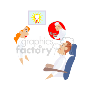 The clipart image features a scene from a dental office. In the image, a nurse or dental assistant is seen interacting with a patient who is sitting in a dental chair. In the top right corner, there's a circular inset containing a smiling dentist holding dental tools, suggesting that he is the one performing or going to perform a dental procedure. There's also an image of a tooth on the wall, symbolizing dental health and care.