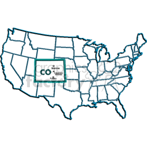 This clipart image features a map of the United States with the state borders outlined. There is a focus on the state of Colorado (CO), which is highlighted, and there is also the text Colorado and the periodic table reference for Cobalt (Co) inside the state's borders.