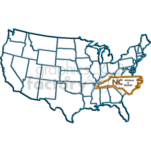 The clipart image shows a map of the United States with state boundaries marked out. There is a highlighted area with an outline shape representing the state of North Carolina. Over this outline, there is a label with the initials NC indicating North Carolina, and beneath it, the words Durham Raleigh are written, presumably indicating the prominent cities within the state.