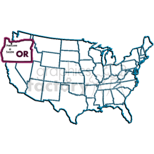 The image is a simple outline map of the United States with a focus on the state of Oregon. The map highlights Oregon by showing a sign with the state abbreviation OR and pointing to the location of Oregon on the map. The sign also lists Salem (the capital of Oregon) along with Portland, which is one of the major cities in the state.