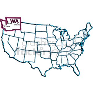 The image shows a simplified outline of the United States with state borders indicated. A focus is placed on the state of Washington (WA), highlighted with a purple square label on the top left corner, which also includes the names of two cities: Seattle and Spokane. The label has a pointer indicating the approximate location of the state in the context of the country.