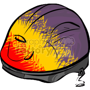The clipart image shows a colorful bicycle helmet with a design that features yellow, red, and purple colors and abstract scratch-like patterns.