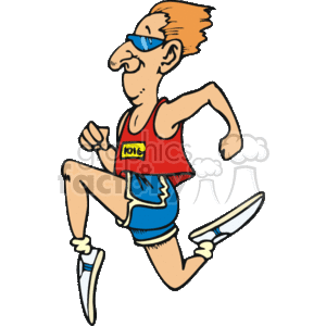 This clipart image features a caricature of a male runner in motion. The character is depicted with exaggerated features such as a large protruding chin, a long and pointy nose, and a comical facial expression. He is wearing a red tank top with a number tag, blue shorts, a blue headband, sneakers, and is in a running pose that suggests movement and haste.